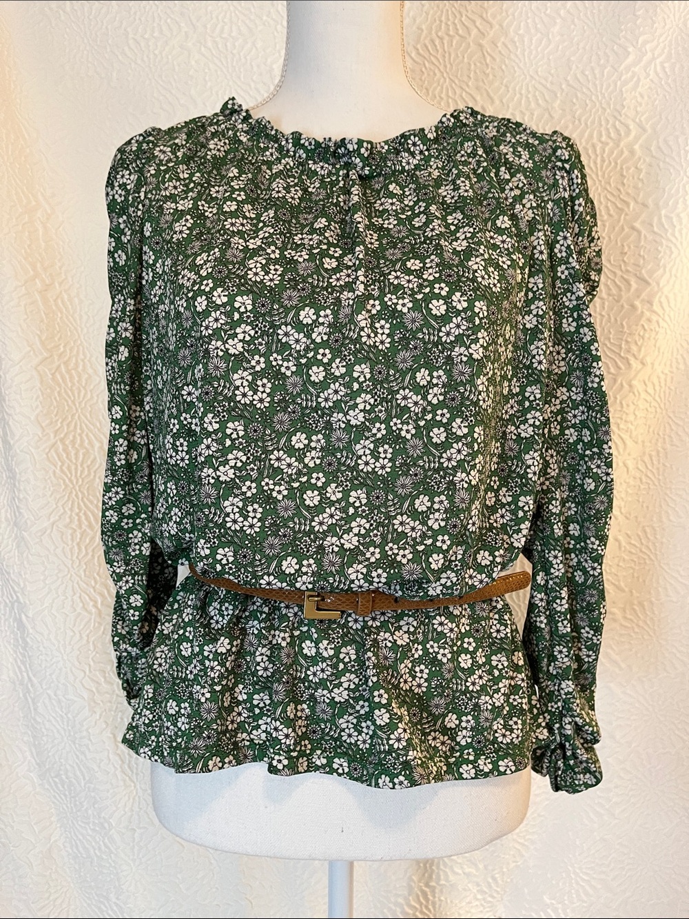 Max Studio Green Floral Smocked-Neck Long Sleeve Blouse